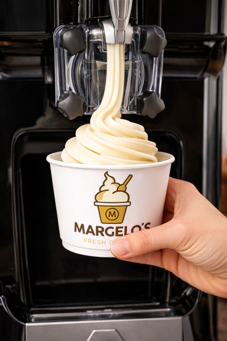 Unser Frischeis direkt aus der Maschine in einen Margelo's Becher