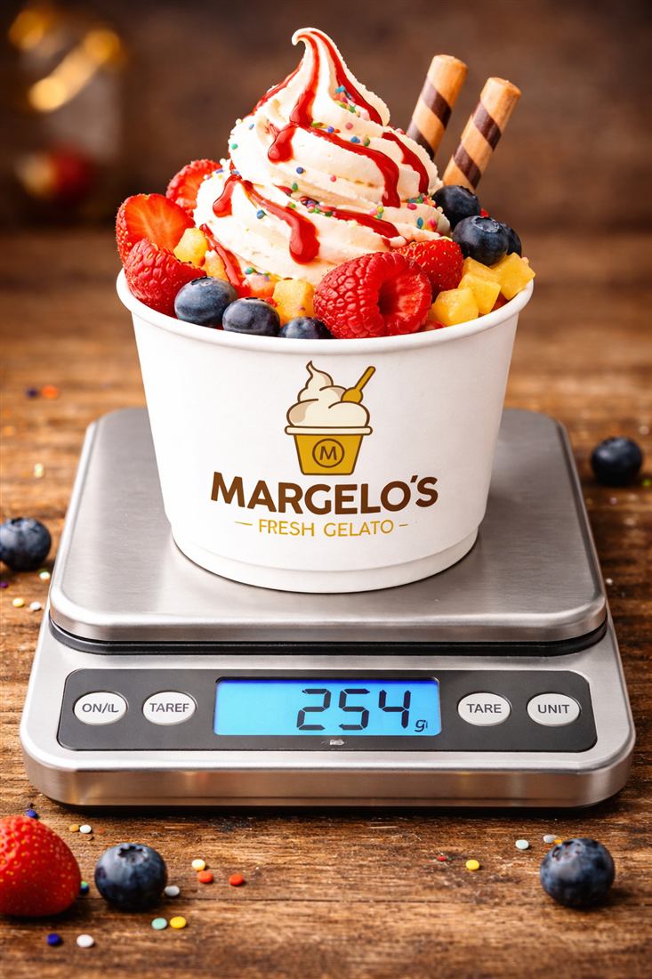 Margelo's Becher wird auf einer Waage gewogen
