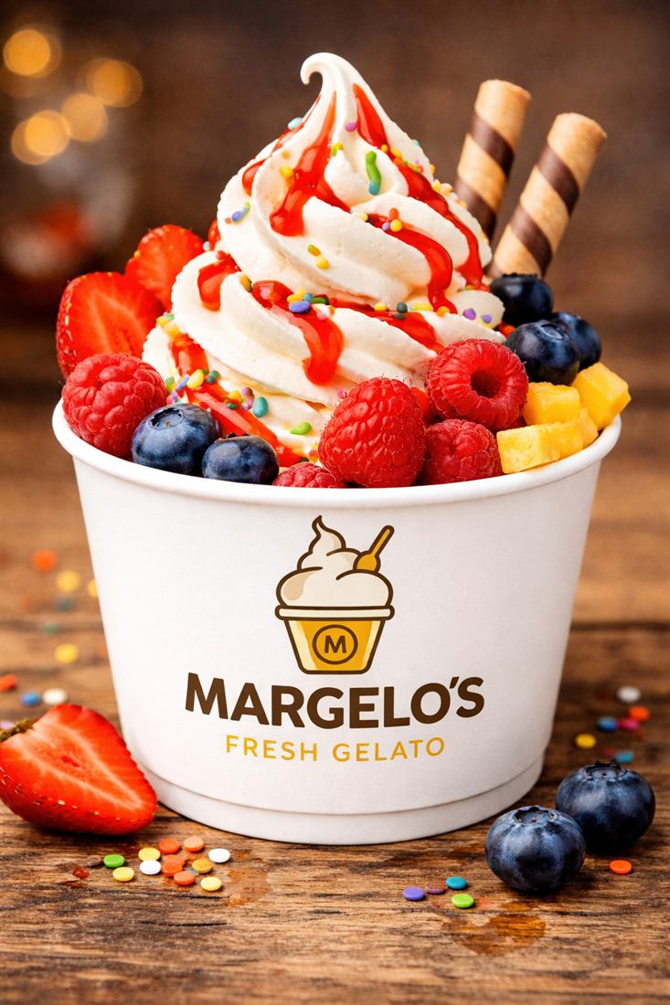 Margelo's Fresh Gelato reich verziert mit Beeren, Soße, Streuseln und Waffelröllchen